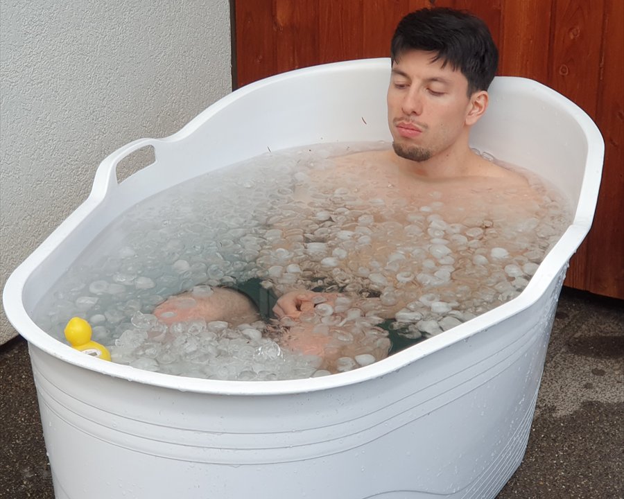 Felix Mao taking an outdoor ice bath